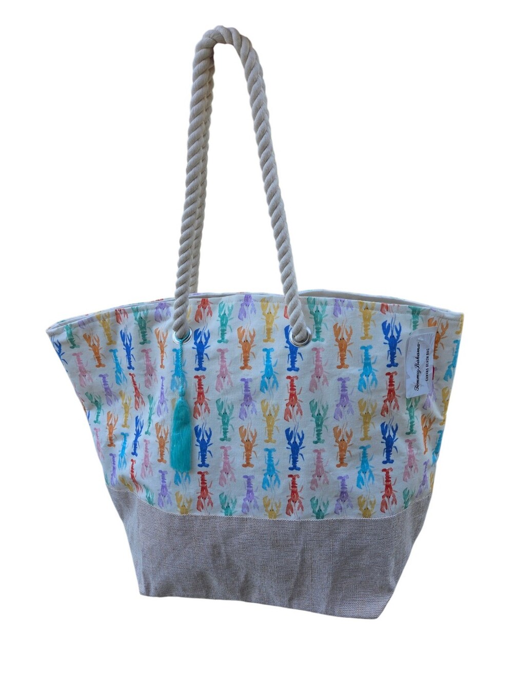 Tommy Bahama Multicolor Lobster Print Canvas Beach Tote Bag w/Tassle Vinyl Lined